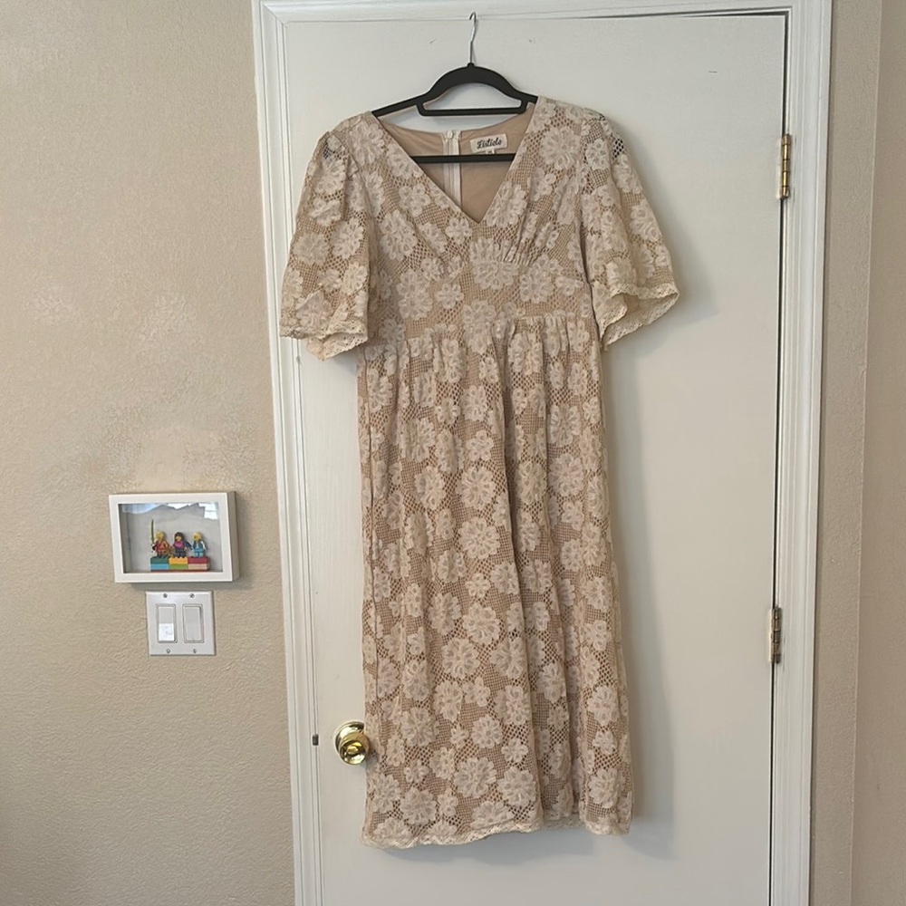 Boutique Tan V-Neck Flutter Sleeve Midi Dress